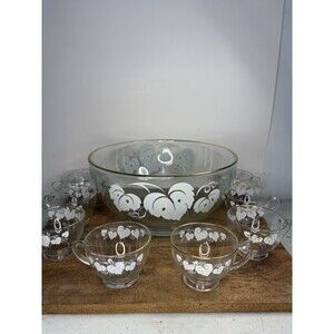 Vintage Anchor Hocking Glass Punch Bowl Grape Leaves Silver Rimmed 9 Piece